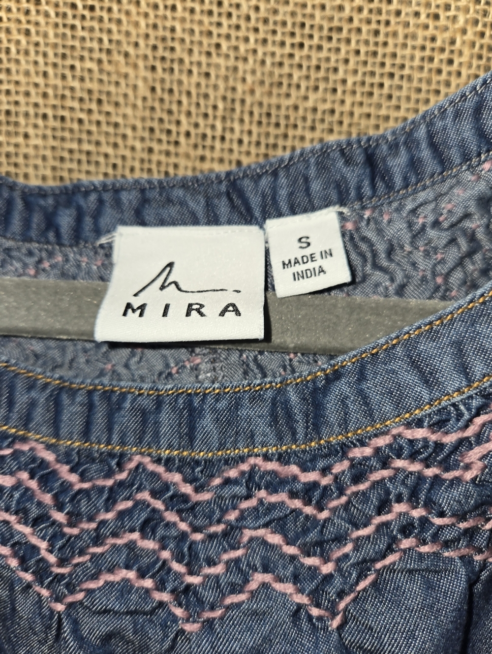Womens Mira Smocked Denim Peasant Top with Embroidered Yoke - Blue Size Small - Picture 6 of 9